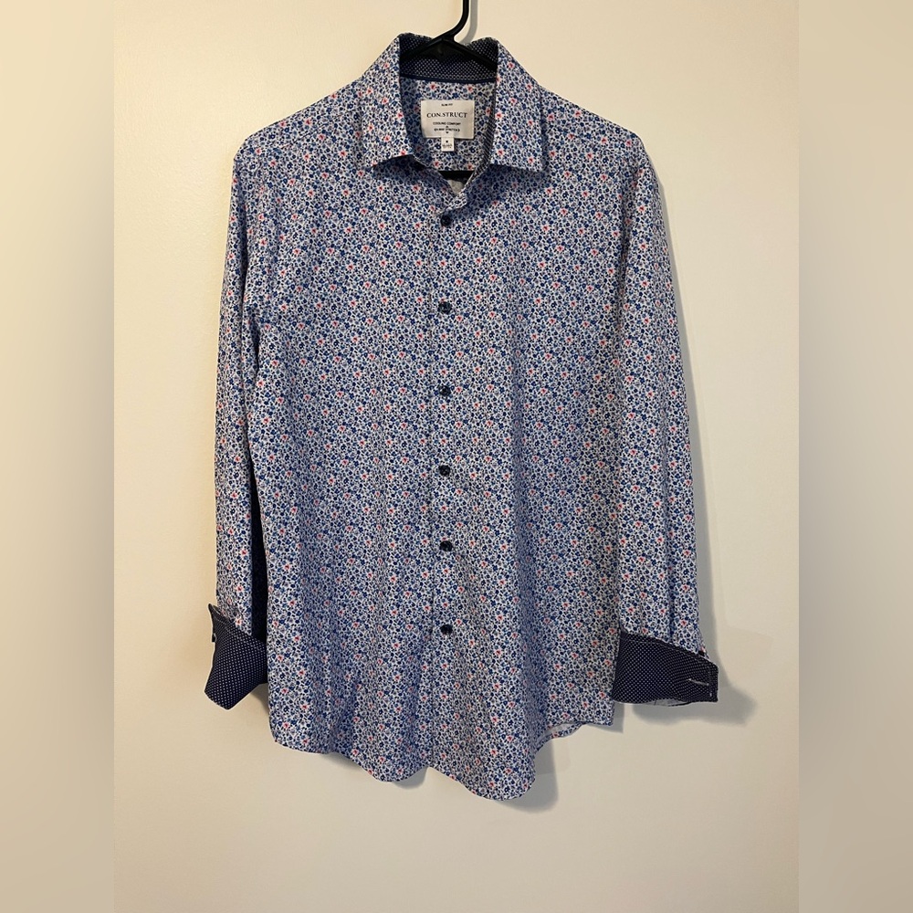 CONSTRUCT Shirt Mens M Blue Floral Slim Fit 4 Way Stretch Button Performance